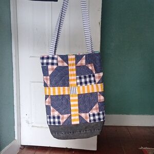 Patchwork Tote Bag with Yellow and Blue Accents